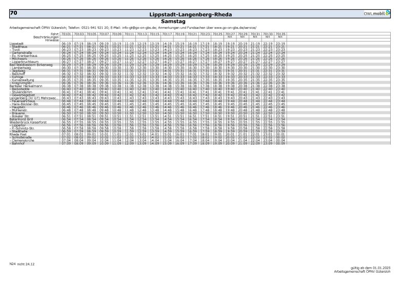 Abfahrtzeiten Linie 70 zwischen Lippstadt - Rheda Wiedenbrück (Samstags)