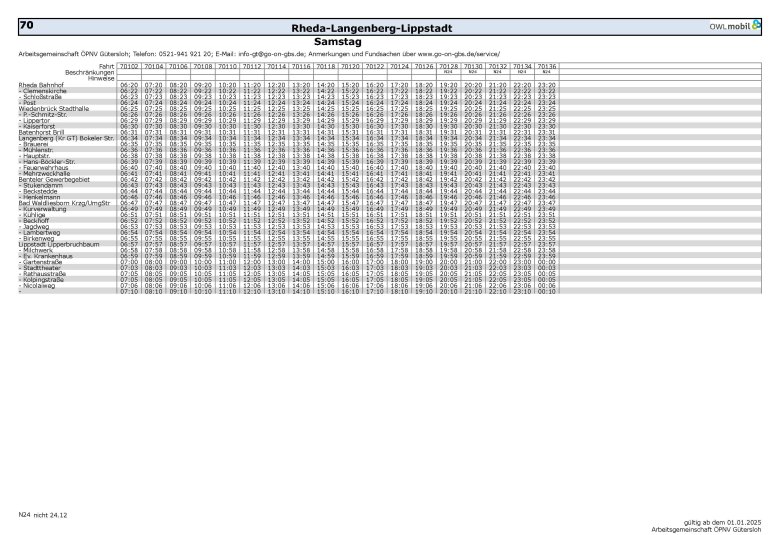 Abfahrtszeiten Linie 70 zwischen Rheda-Wiedenbrück und Lippstadt (Samstag)