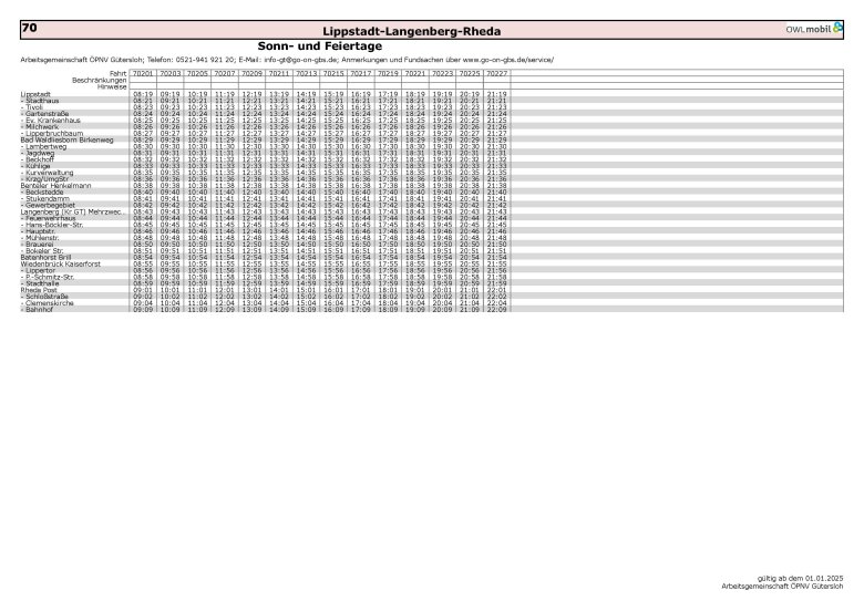 Abfahrtszeiten Linie 70 zwischen Lippstadt und Rheda-Wiedenbrück an Sonn- und Feiertagen