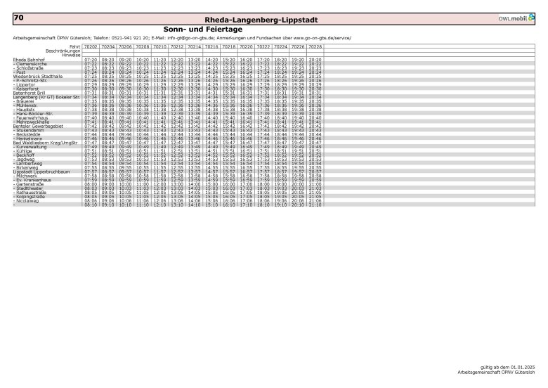 Abfahrtszeiten Linie 70 zwischen Rheda-Wiedenbrück und Lippstadt an Sonn- und Feiertagen